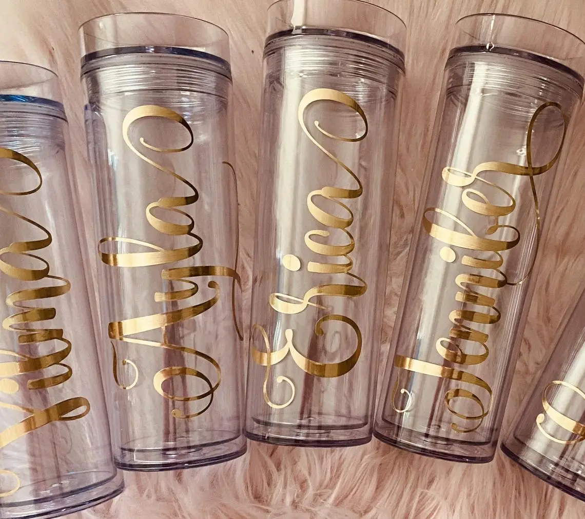 PLASTIC SKINNY TUMBLER TRAVEL CUP GOLD FOIL Tumbler Insulated Travel Mug Glitter Tumbler 16oz Skinny Party Cup with Gold Lid