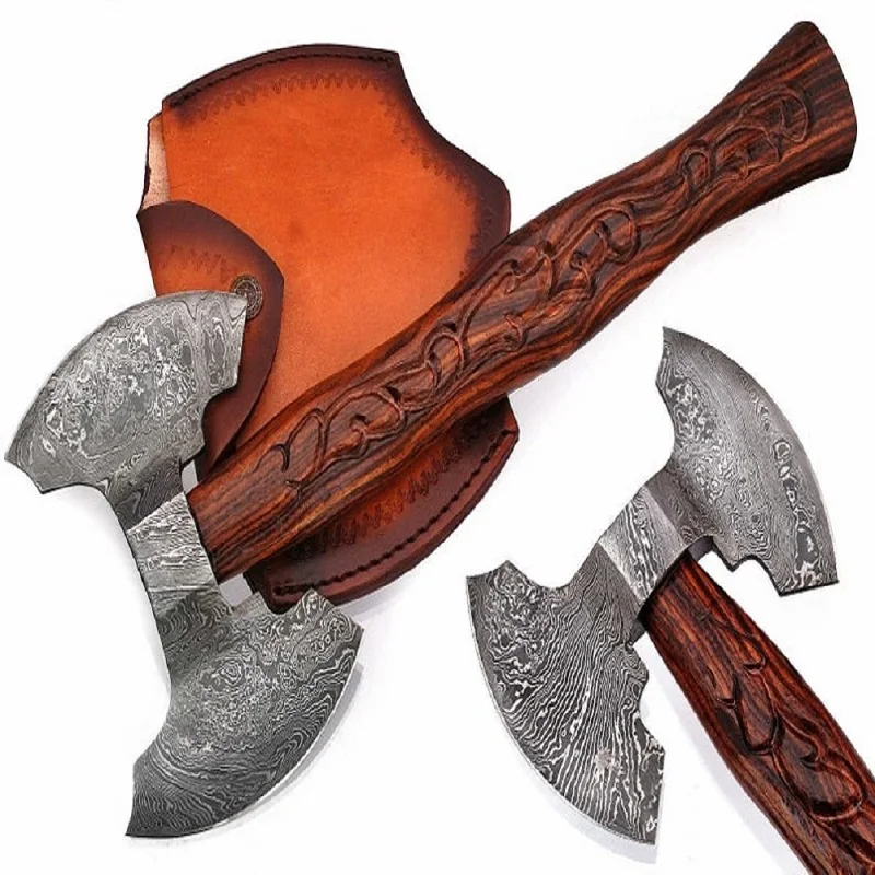 
Custom Handmade Damascus Steel Viking Style Axe Camping Axe High Quality Tactical Axe Hatches With leather sheath 