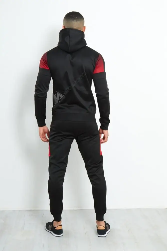 Hot Sale Men Tracksuit Custom Made Mens Jogging Suit/men black two tone hooded skinny fit tracksuits