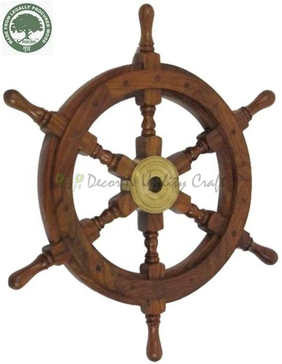 Premium Home Accessories Vintage Life Inc. Wooden Ship Wheel Wall Decoration with Brass Center Hub Maritime Nautical Boat Helm Decorative
