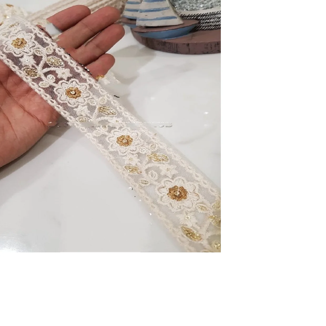 Customized Dew Drop Designed White 1.5 Inch Beautiful Pastel Colors With Intricate Floral Embroidery for Clothing Designers.