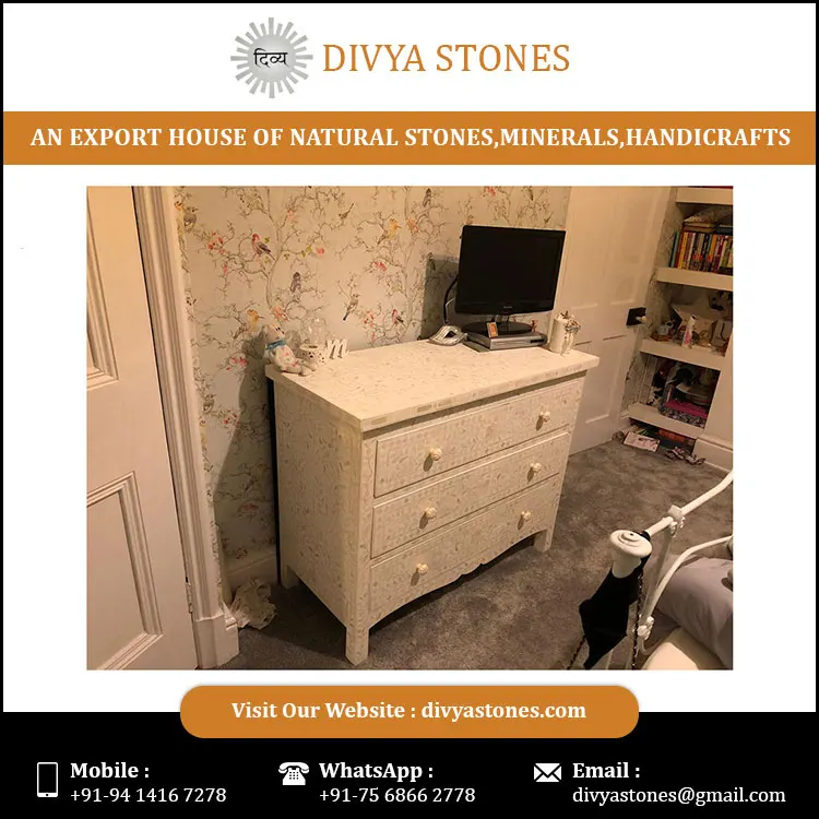 
Indian Handmade Modern Mother of Pearl Inlay Chest of Drawers for Living Room Table Furniture 