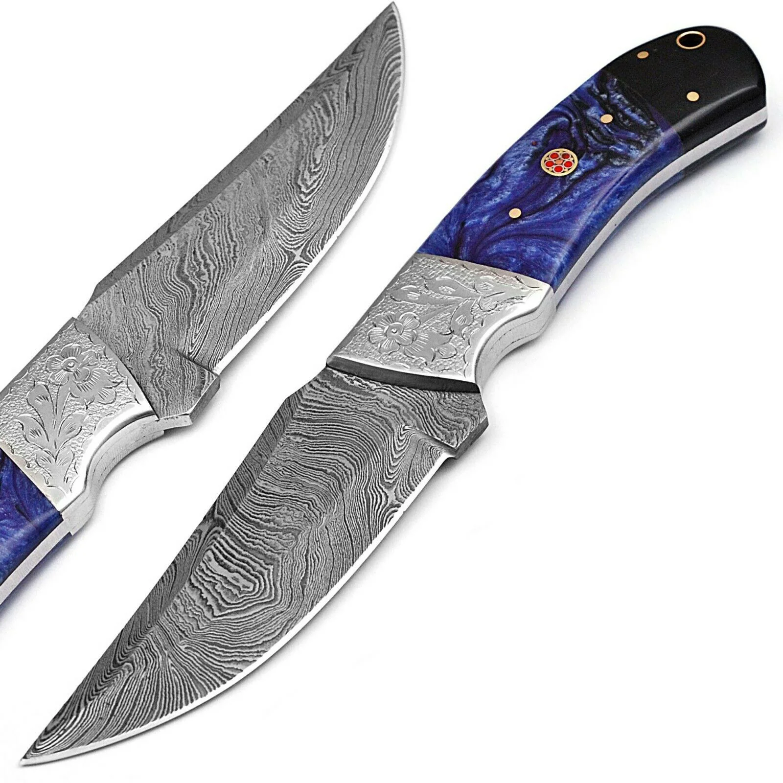 
Custom Handmade Damascus Steel Hunting Tactical Outdoor Fixed Blade Sharp Bowie Skinner Knife with Resin Handle & Sheaths 