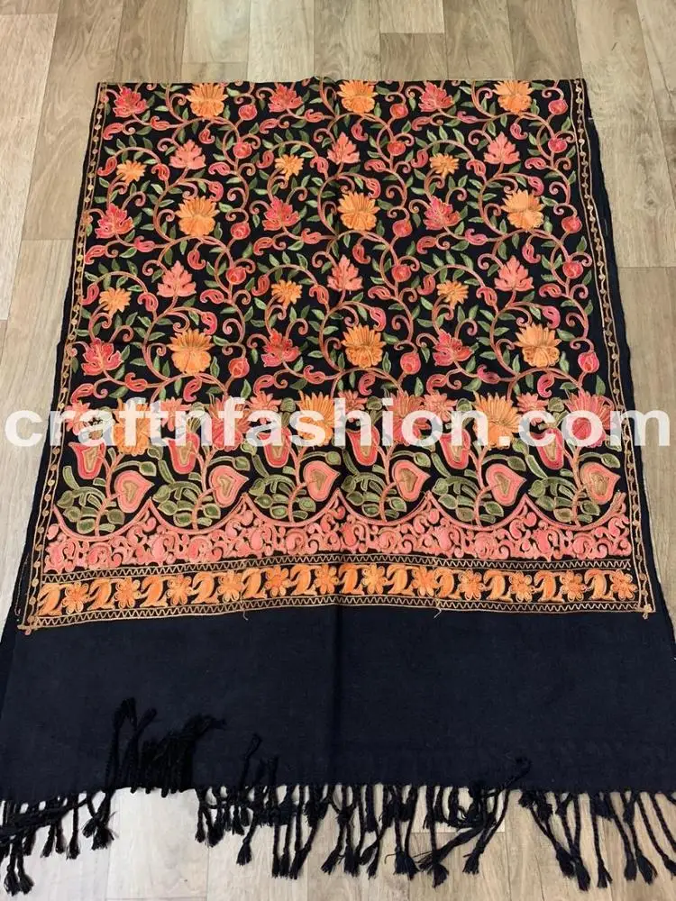 Pure Woolen Kashmiri Stole - Kashmiri Handwork Dupatta - Multicolored Scarf/Shawl/Neck Wrap - Floral Design Embroidered Stole
