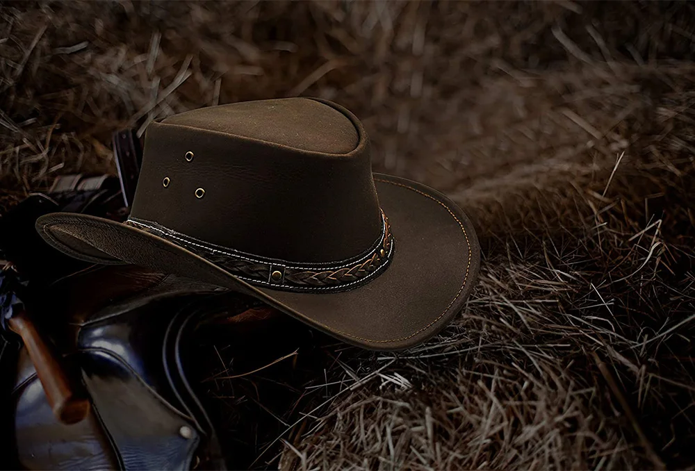 Good Quality Handmade Leather Western Cowboy Hat Western Style Outback Leather Cowboy hat for Men and Women