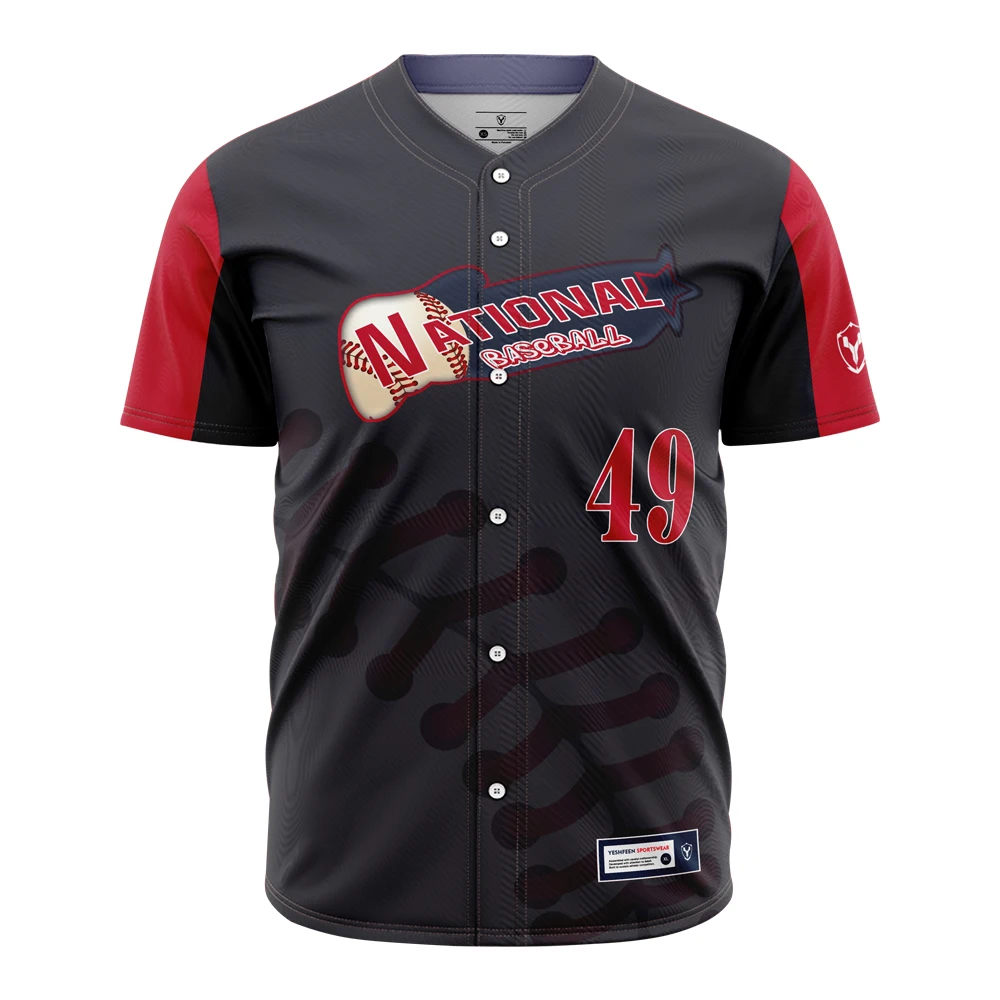 Custom Stitched Made V Neck Full Button Down Grey Red Best Double Stitched Short Sleeve 100% Polyester Softball Baseball Jersey