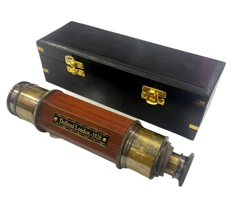 Nautical Telescope, Marine Brass & Leather Pirate Telescope, Spyglass Hexagon Shape Telescope with Wooden Box Telescope