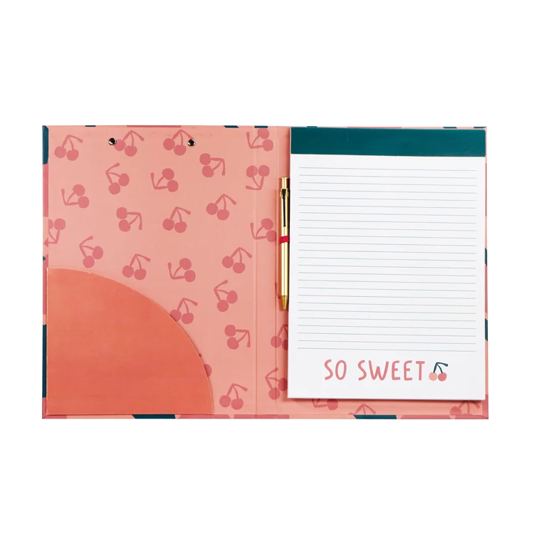 Office stationery fashion cherry A4 file holder with metal clip and writing memo pad inside, clipboard folder