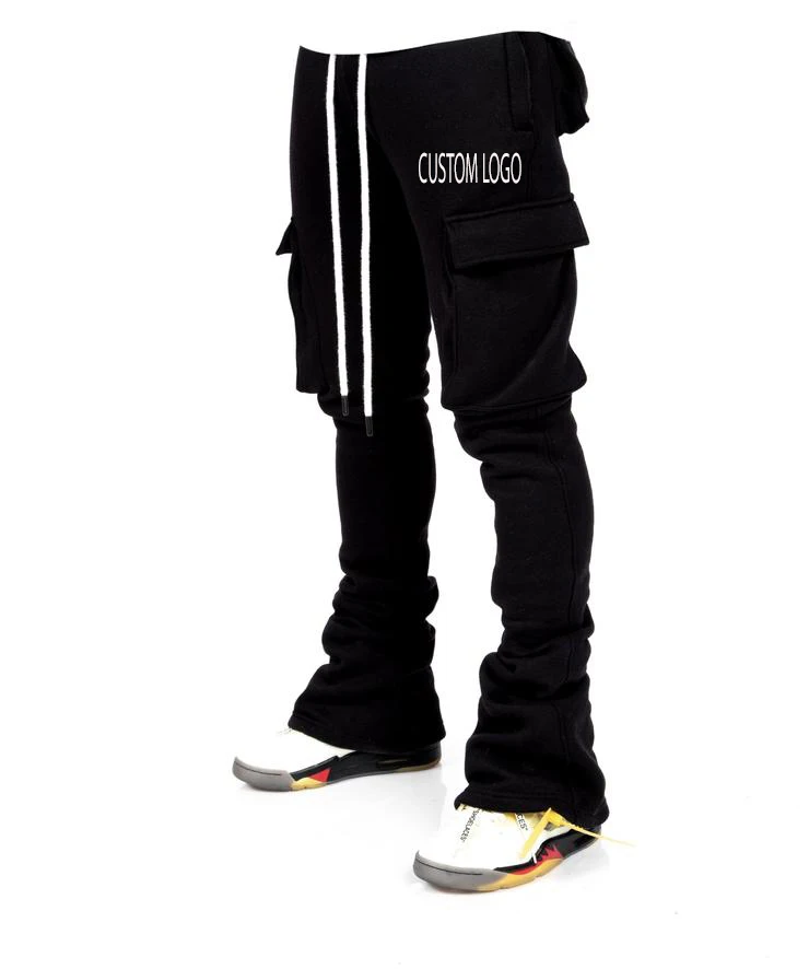 Men Black Cotton Cargo Stacked Pants