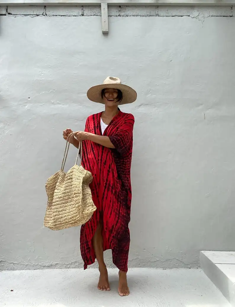 Boho Kimono Long Sleeves Handmade Tie Dye Vacation Summer Maxi Dress Resort Wear Silk Kimono Maxi Wrap Beach Cover Up Dress