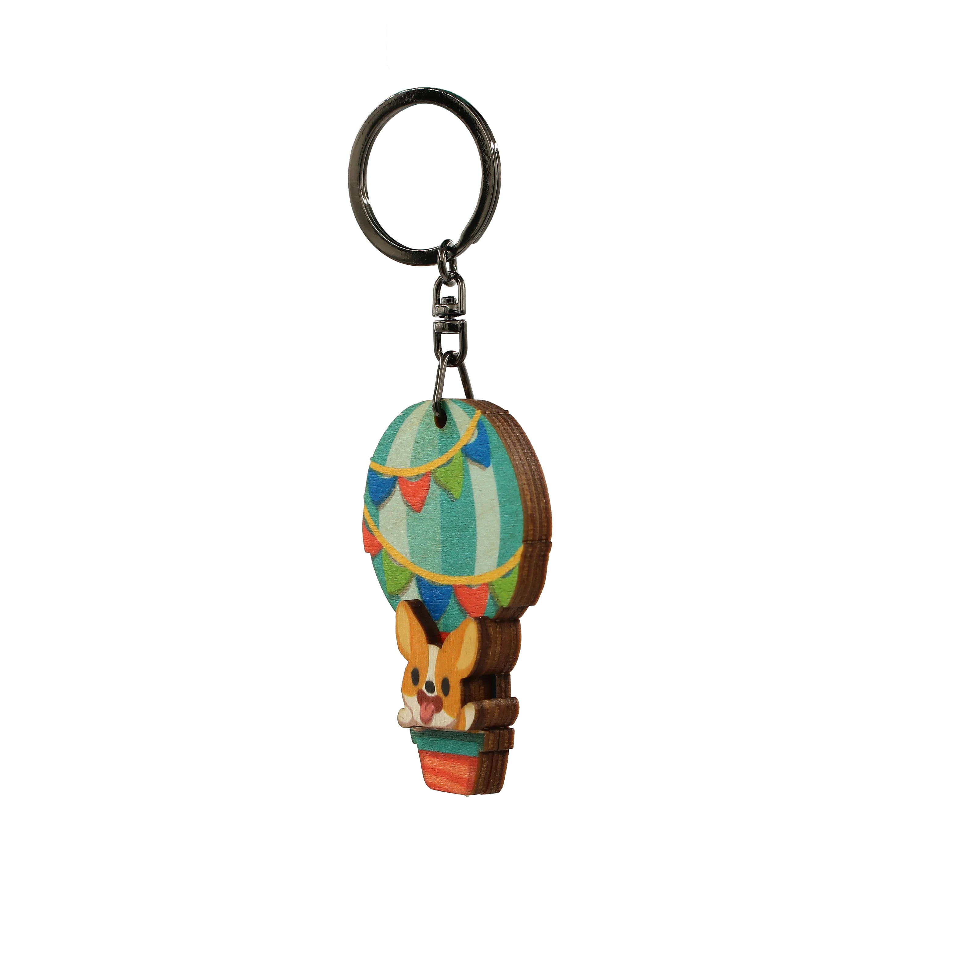 Custom Design Available Hot Air Ballon Corgi Dog Wooden Keychain for Promotional Gifts