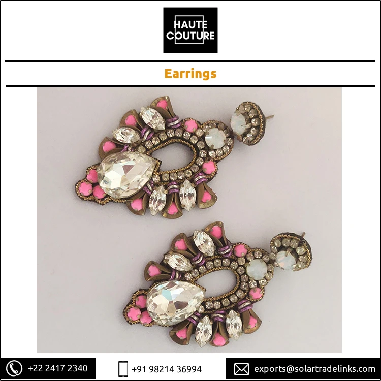 Low Priced Pink Opal Stones Crystal Drops Chandelier Shaped Earrings for Women for Weddings Evening Wear Party Wear