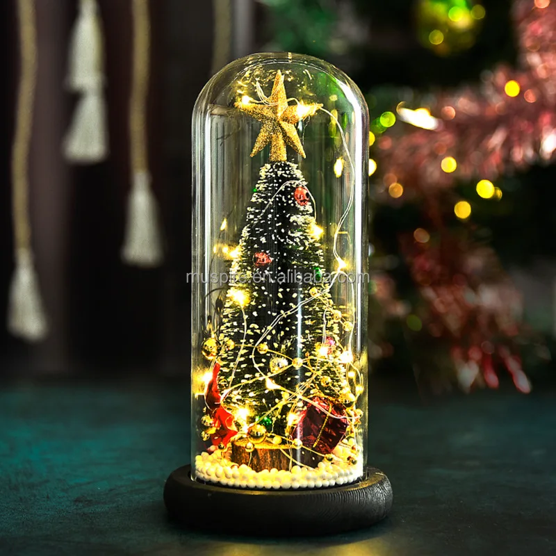 
night light Glass Dome Cover with Black Natural wooden base with Christmas Tree Decoration for living room bedroom 