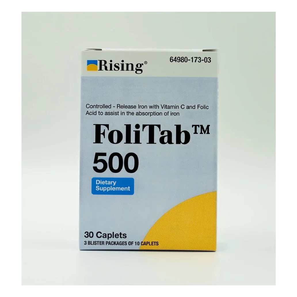 
High Beneficial Dietary Supplement FoliTab 500 - Elemental Iron with Vitamin C and Folic Acid - 30 Caplets 