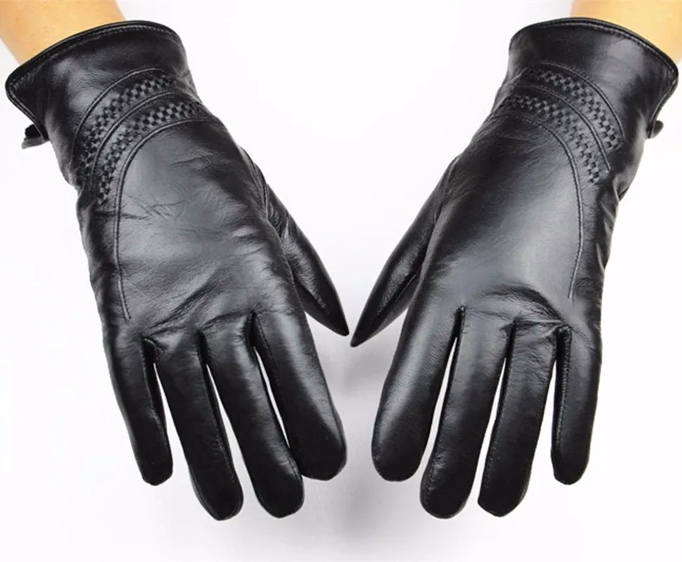 Girls Silky Dressed Black Leather Women Fur Lined Gloves Cotton PU leather gloves Touch Screen Gloves