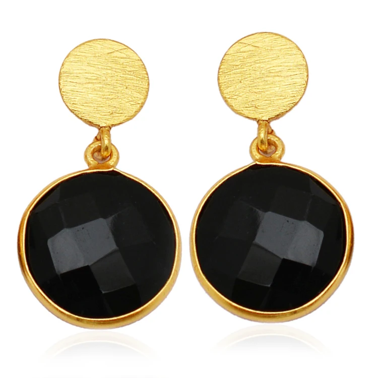 925 Sterling Silver 14K Gold Plated Color Black onyx Gemstone Drop Earrings
