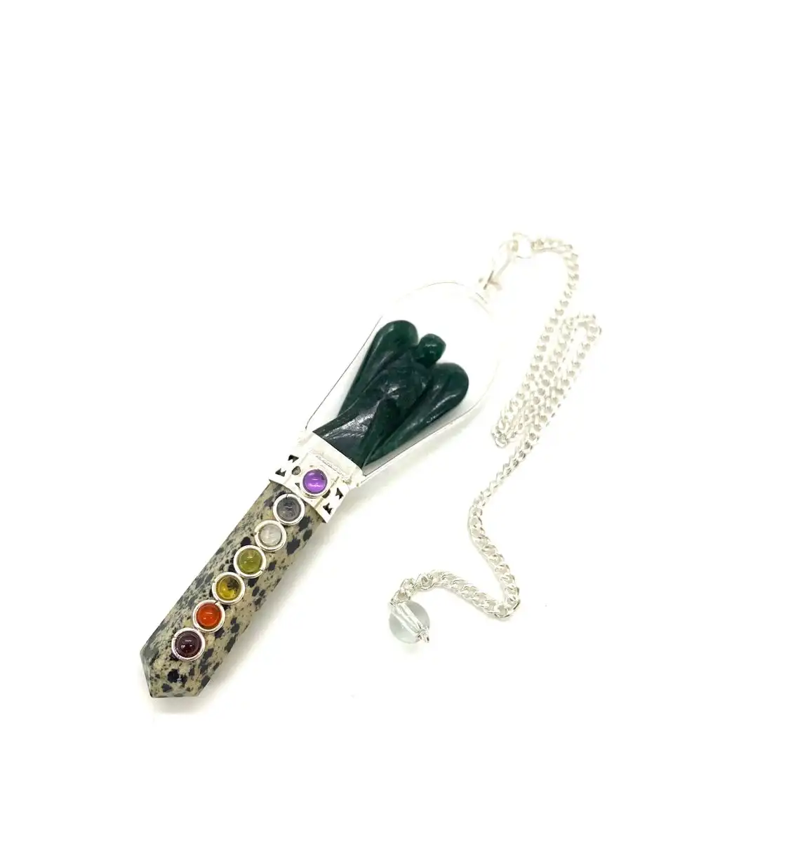 Wholesale dalmatian 7 chakra pencil dark green jade angel pendant pendulum healing crystal stone crystal jewelry