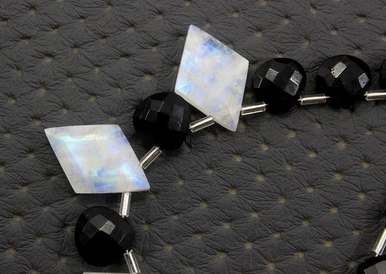 Natural Rainbow Moonstone Kite Shape And Black Tourmaline Heart Shape Faceted Briolette Beads Making Jewelry