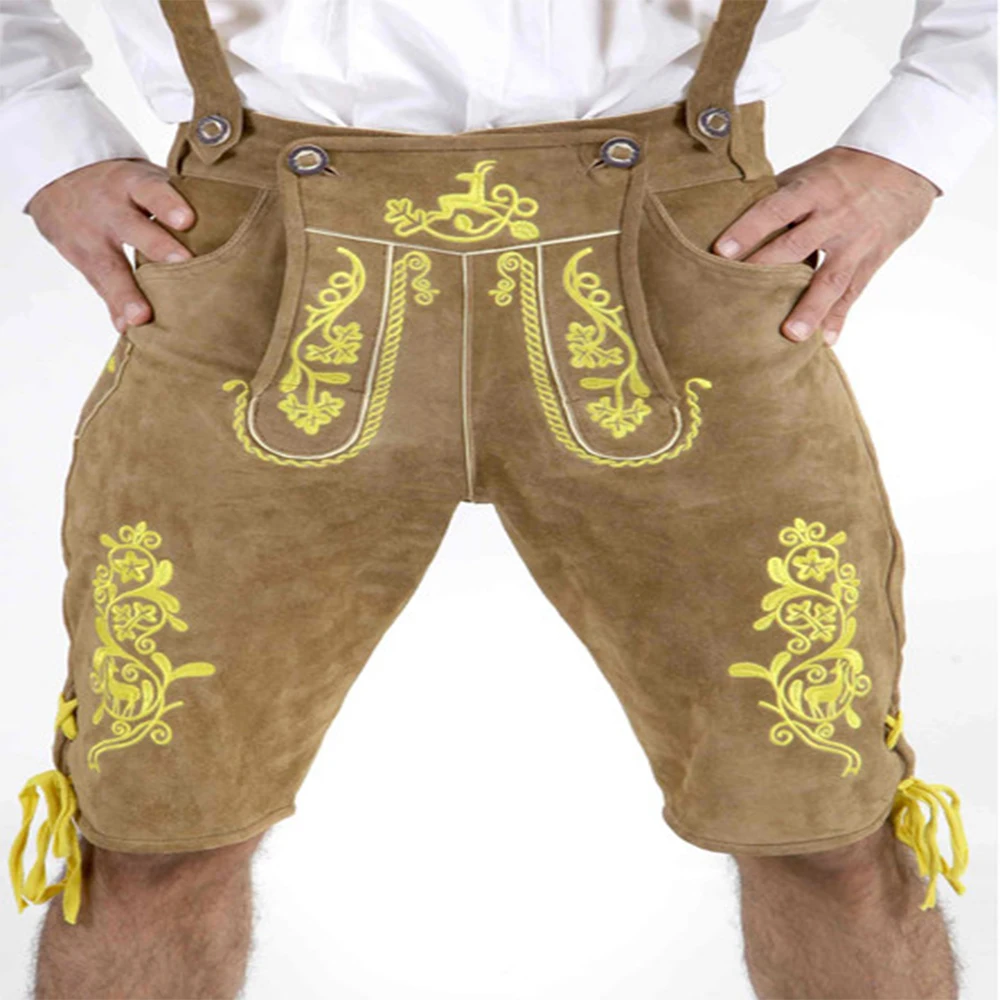 High waist length lederhosen leather shorts for men wide leg pants loose fitting slimming casual pants vintage shorts