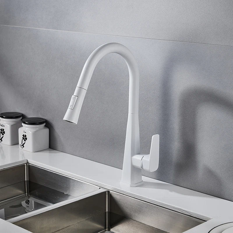 Modern High Grade White Copper Flat Head Three-way Horn Pull out Down Kitchen Tap Faucet