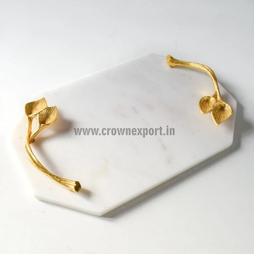 Excellent Marble Serving Tray Rectangular White & Black Marble Trinket Tray For Jewelry Granite Tray with Gold Plated Handles