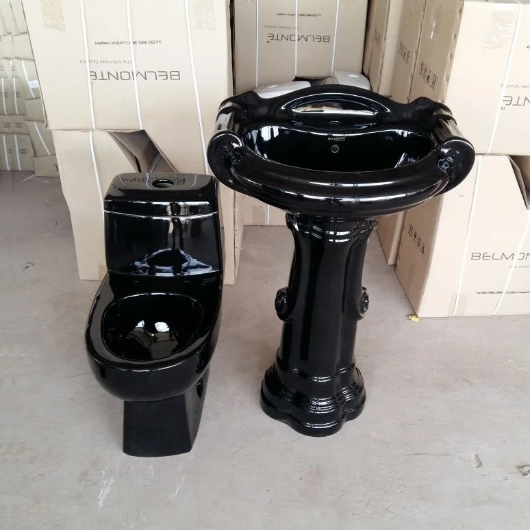 Hot Black Color High Quality Bathroom Suit Ceramic One Piece Toilet Commode with Pedestal Wash basin in Porcelain Product