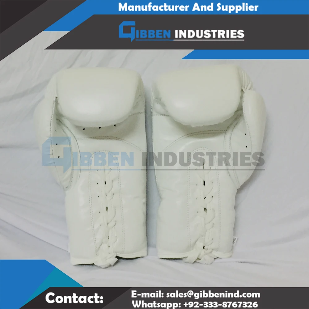 High Quality White Color Cowhide Leather Lace Up Boxing Gloves With Customized Logo Printing