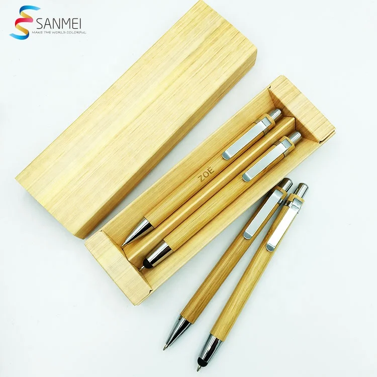 Promotional ball pen stylus touch pen with box logo custom eco bamboo pen set