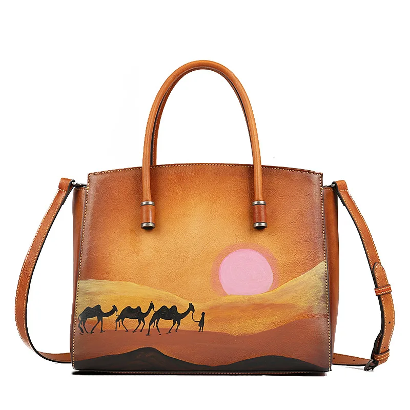 Ready To Ship Women Hand Painted Leather Tote Bag Luxury Handbags Designer Purses Quality Handbags