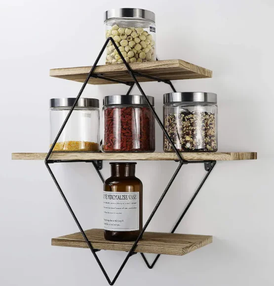 Wooden 3 Tier Wall Mounted Shelf Black Iron Natural Pine Carbonized Farmhouse Shelf for Bathroom Kitchen Wholesale Price India