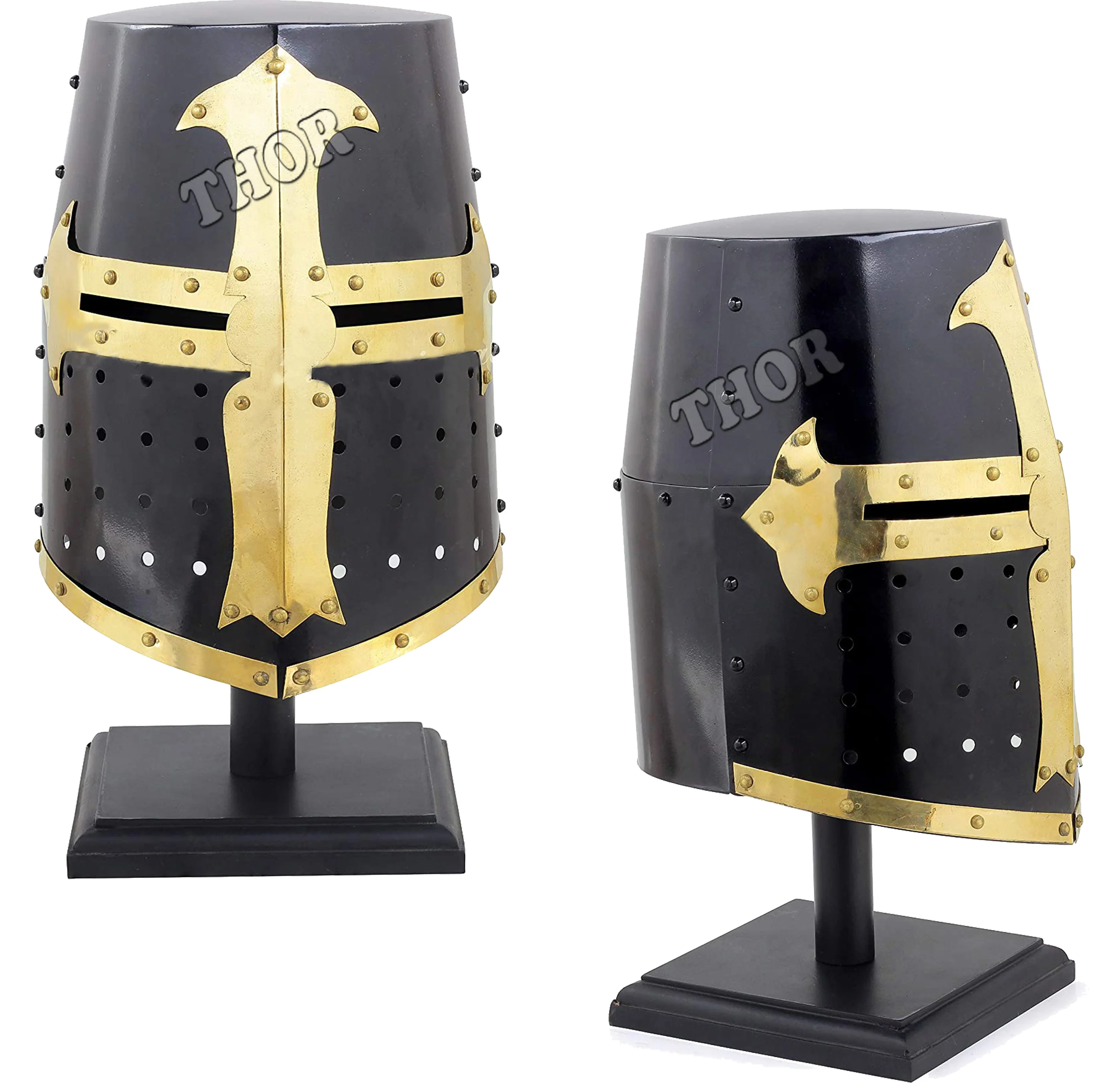  Средневековый Templar Crusader Knight Armor Helmet | Греческий Римский Шлем хромированный полированный средневековый коричневый деревянный стенд