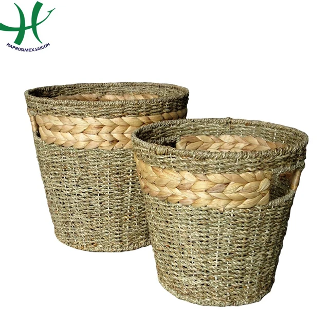 Natural Hand-Woven Seagrass Storage Basket with Hole Handles and combine woven water hyacinth on top, set of 2