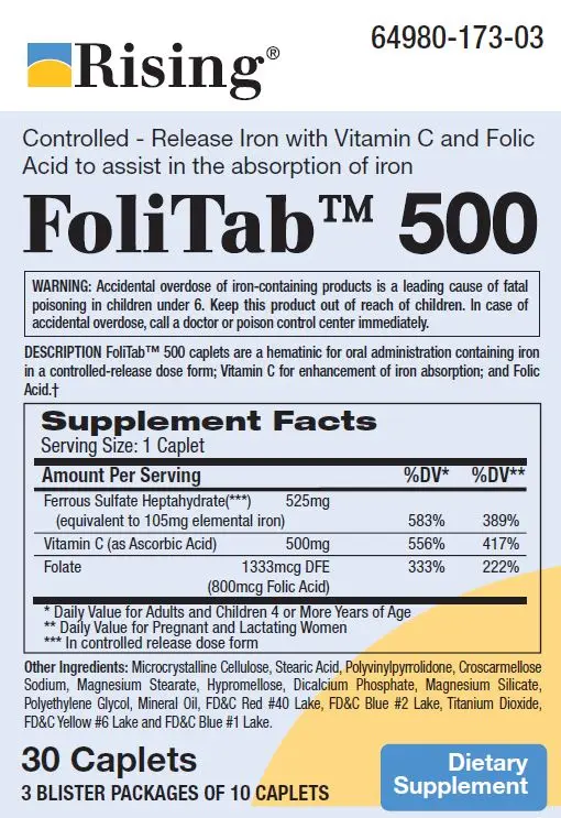 
High Beneficial Dietary Supplement FoliTab 500 - Elemental Iron with Vitamin C and Folic Acid - 30 Caplets 