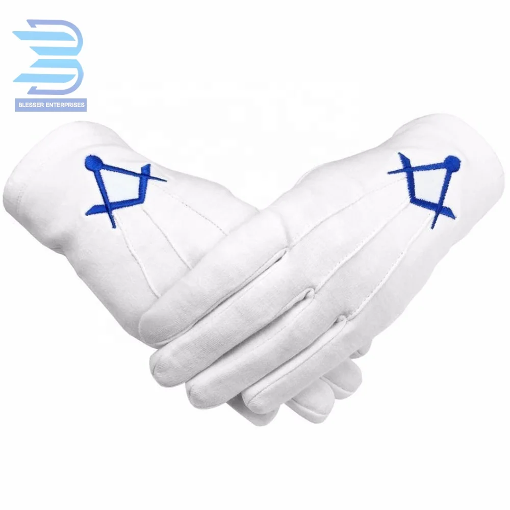 Masonic Gloves Cotton Blue Square and Compass Machine Embroidery