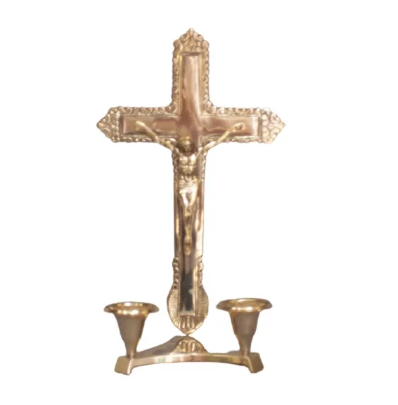 Religious Brass Jesus cross candle stand Handmade Christian Lord Jesus Cross Sign Brass Statue with Candle Stick Holder
