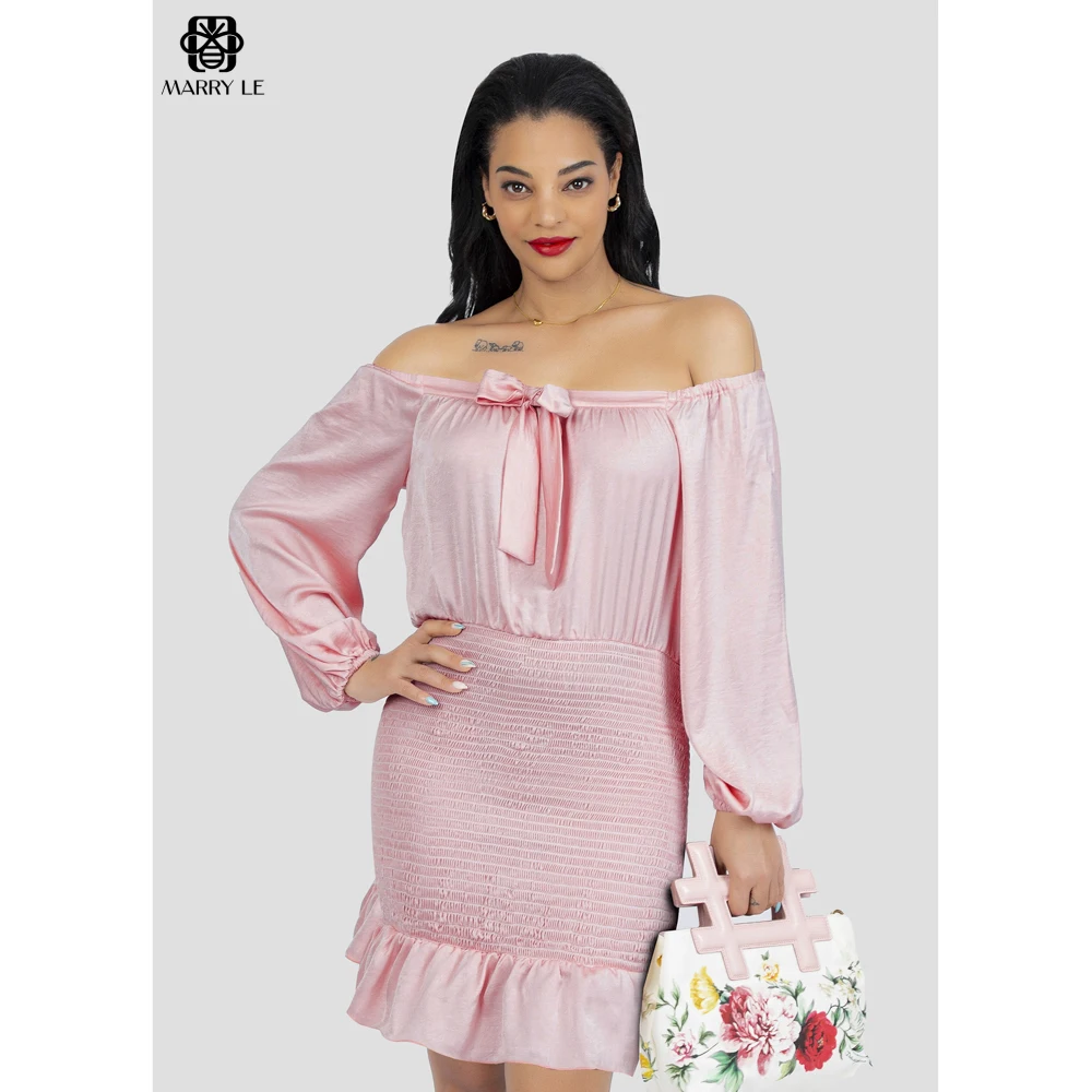 BABY PINK SATIN DRESS WITH BOW AND RUFFLE wholesale dresses in bulk women OEM ODM Customized clothing - MD327