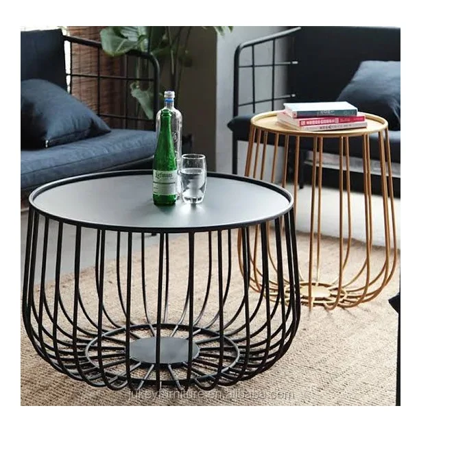 Modern Metal Wire Table Set of 2 for Living Room Balcony Office Round Top Accent Side Coffee Tables Furniture