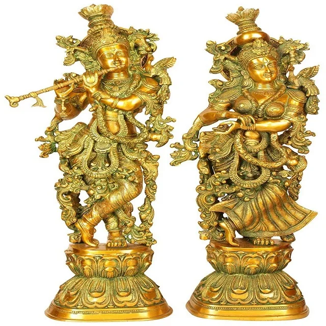 Brass Lord Radha Krishna Couple Bhagwan Large Statue Gold Polish Murti for Home Decor Pooja Temple Room Gallery Gift Sculpture H