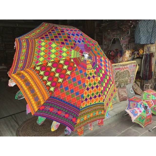 Handmade Traditional large Decorative Patio Indian Wedding Umbrella Floral Design Indoor Outdoor Decorations Mirror Embroidery