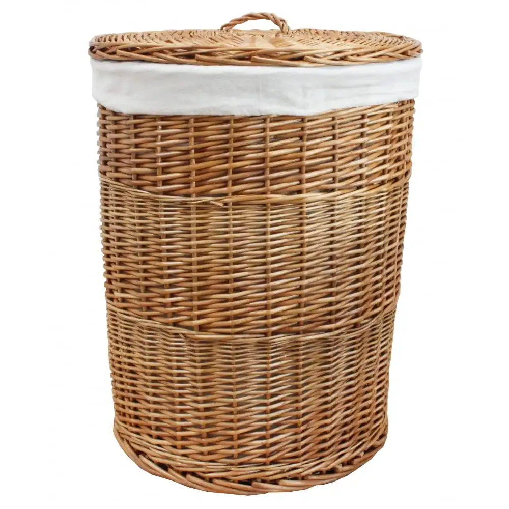 Laundry Basket Eco Friendly Handmade Round Storage Stock  Plant With Fabric Lid Vietnam Wicker Rattan Trash Bin Basket