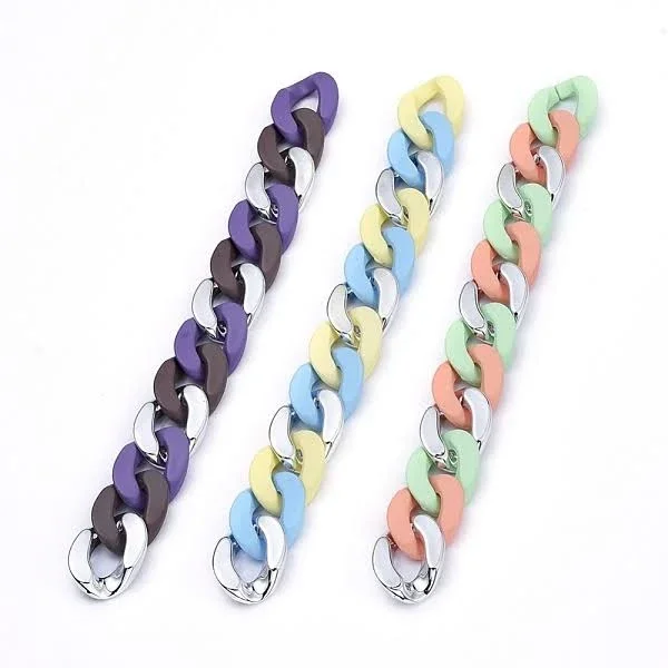 three Tone Handmade Curb Chain Sets, Cuban Link Chains, with Opaque Spray Painted Acrylic Linking Rings For Clothing and Glasses