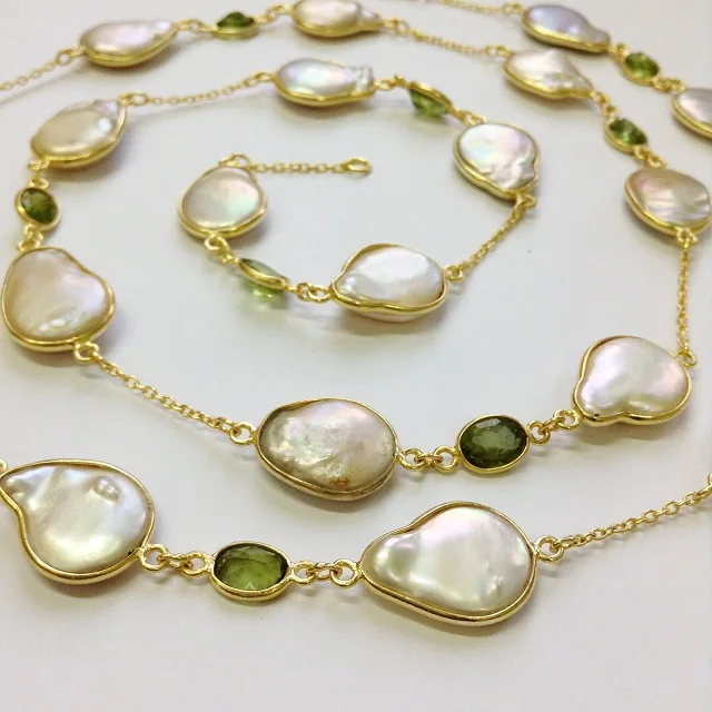 Everyday Wear 925 Sterling Silver Gold Plated Peridot and Baroque Pearl  90 cms.  Long Chain Necklace