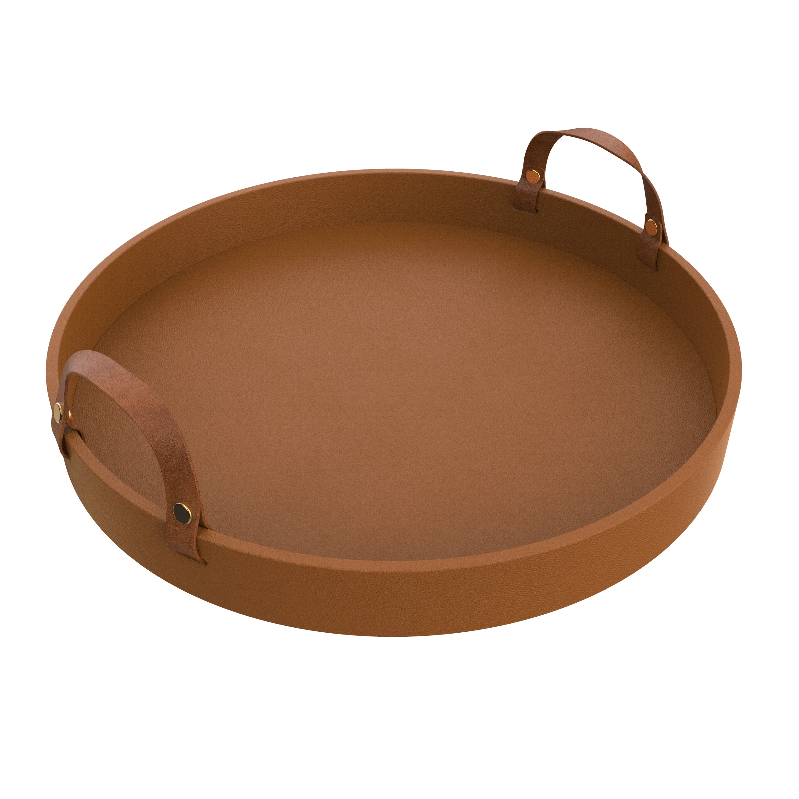New Manufacturer Design Brown Round Shape Pu Leather Tray Wooden Tray For Restaurant Water Drink Serving with Leather Handle With SABER Certificate