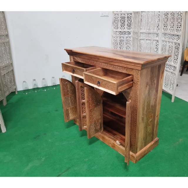 CARVED WOODEN ACACIA TWO DOOR PANEL SIDEBOARD SOLID WOOOD SIDEBOARD FARMHOUSE FURNITURE  DINNING ROOM FURNITURE