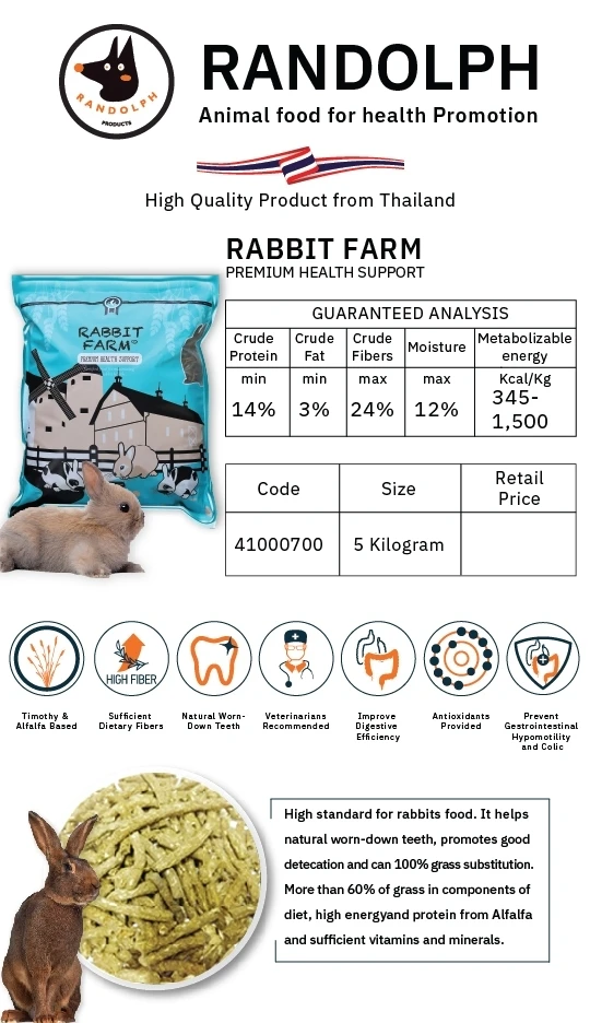 Randolph Rabbit Farm High Standard for Bunny it can 100% Grass substitution Product from Thailand Deverlop with Veterrinary