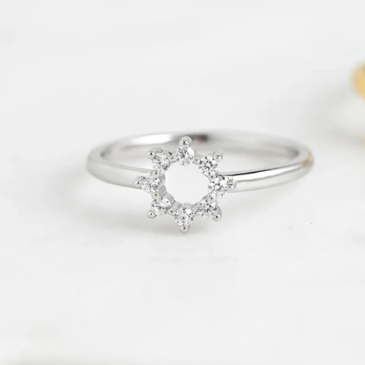 Dainty gold plating round shape cubic zircon ring sunburst sterling sliver ring