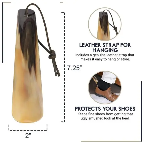 Best quality 6  inch   ox   horn  shoe horn with leather cord