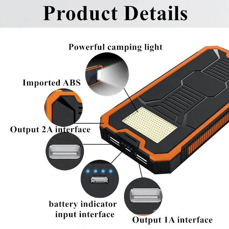 2022 amazon portable Solar mobile charger 20000mAh durable solar power bank with LED flashlights for Iphone