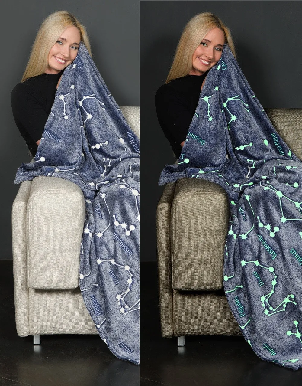 100% POLYESTER HIGH QUALITY HOT SALES AMAZON FLEECE PLUSH FLANNEL GLOW IN THE DARK BLANKET CONSTELLATIONS BLUE WHOLESALE