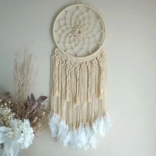 Trendy Boho Home Decor Art Macrame Wall Hanging Handmade Woven Tapestry with Metal for Christmas Holiday Decor
